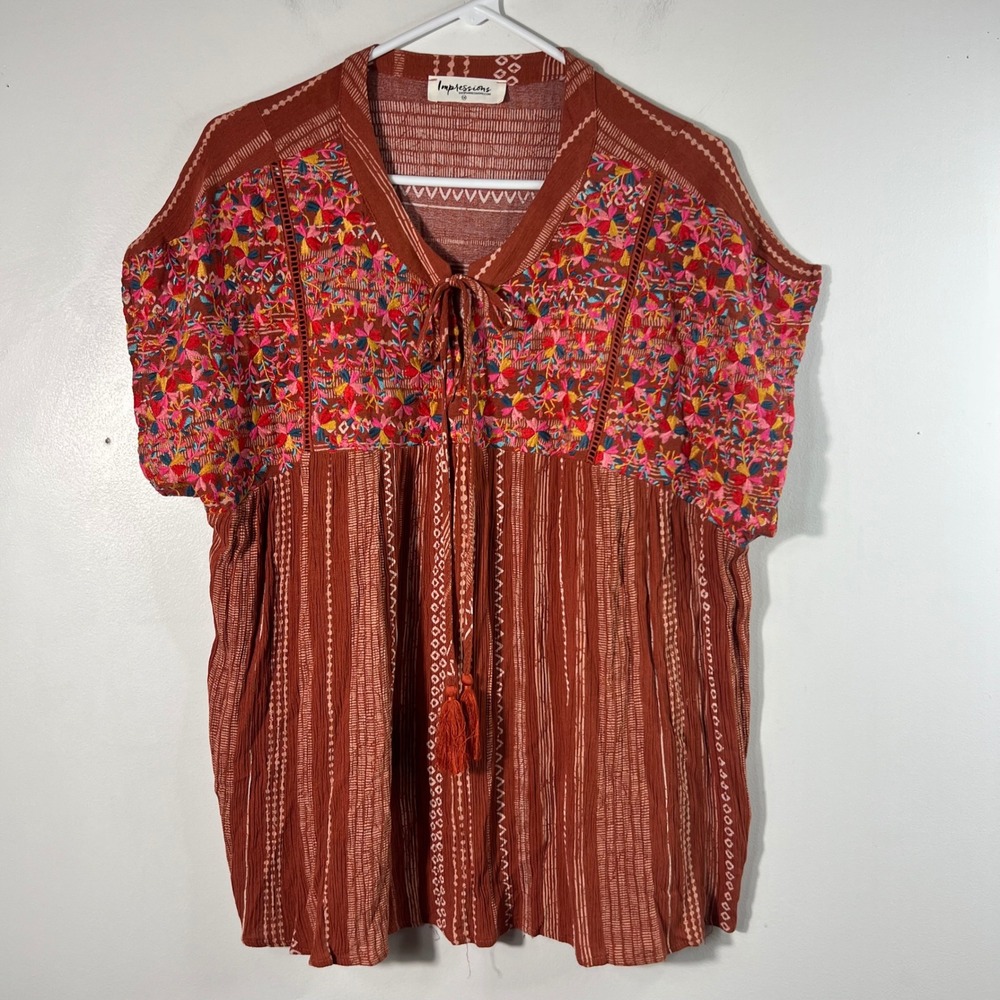 Impressions‎ Rust Boho Embroidered Babydoll Blouse V-Neck Tassel Top 1X